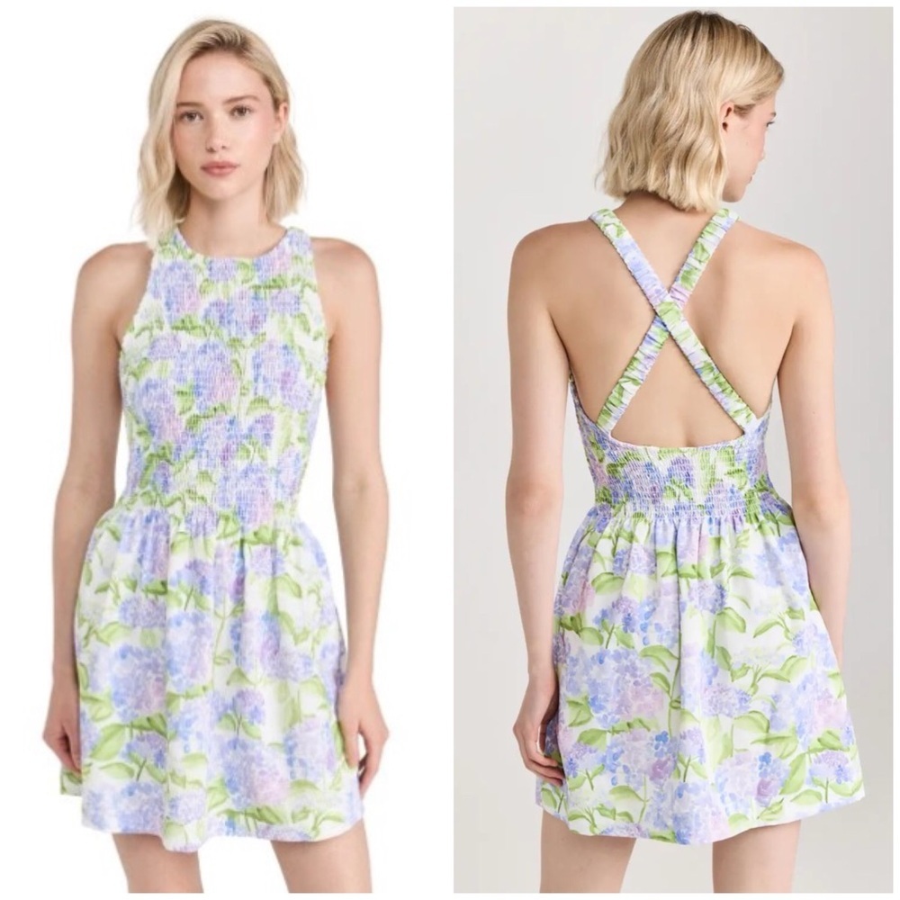 Hill House Mini Dress in Lavender Floral Print with Green Leaves on White